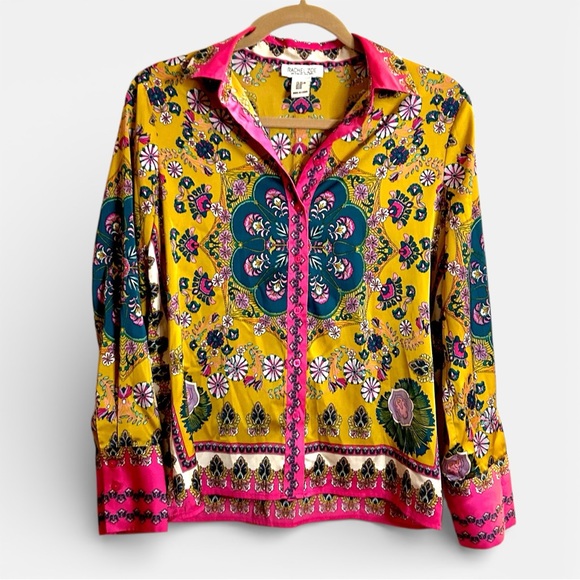 Rachel Zoe Tops - Rachel Zoe Boho Button Down Shirt Mustard Yellow & Fuchsia Collared Print Top XS